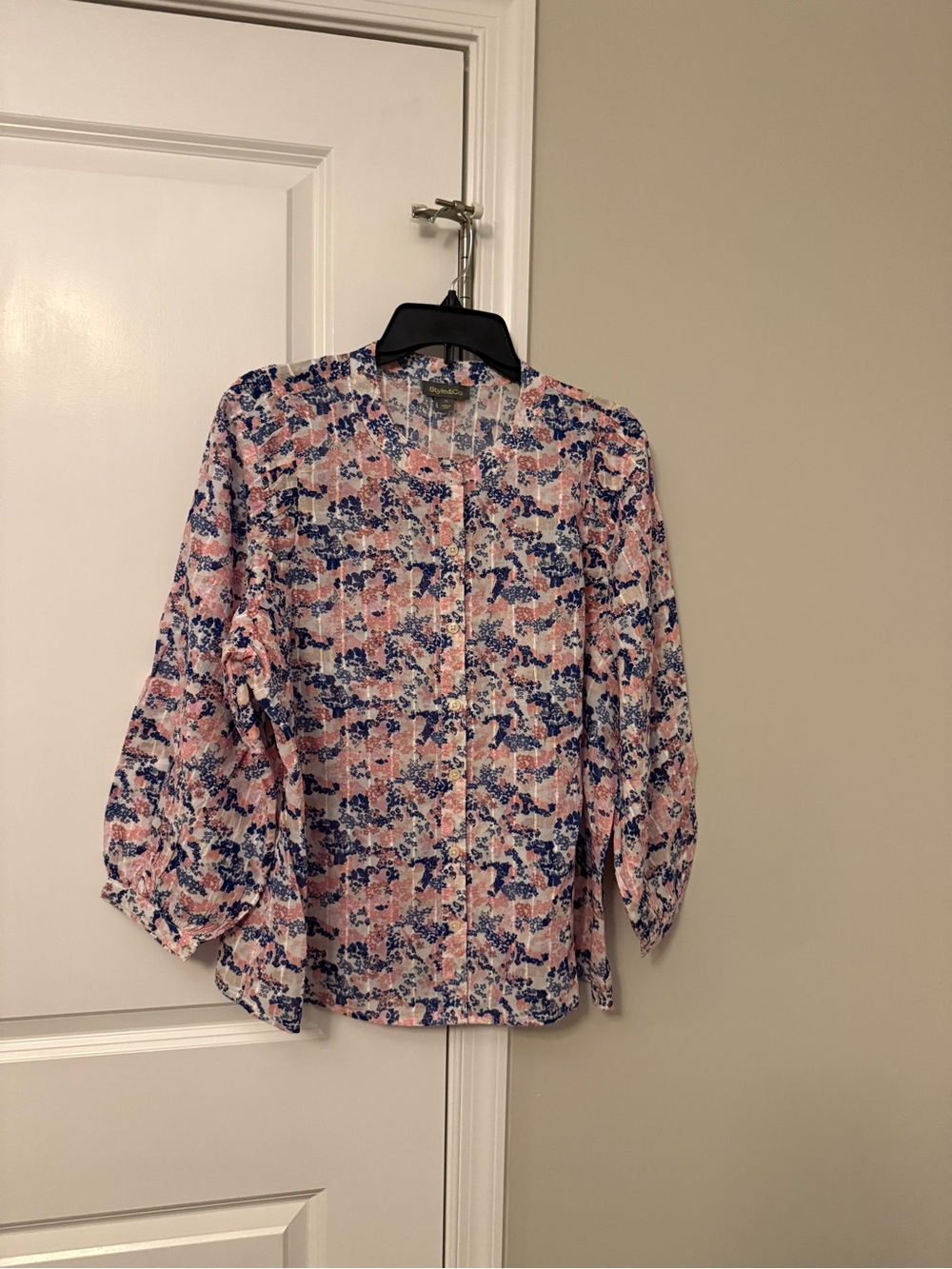 Style & Co. Pink and Navy Floral Button-Down Shirt